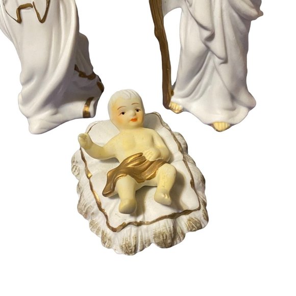 Nativity Scene 10 Piece Set White Gold Accents Figurines Christmas Bisque - Picture 4 of 11